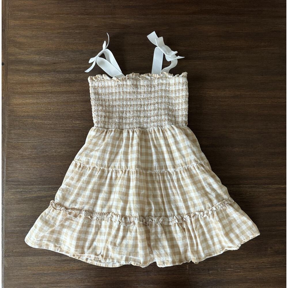 Janie & Jack Gingham Sundress Girls 6 Beige Smocked Tiered Ruffle Summer